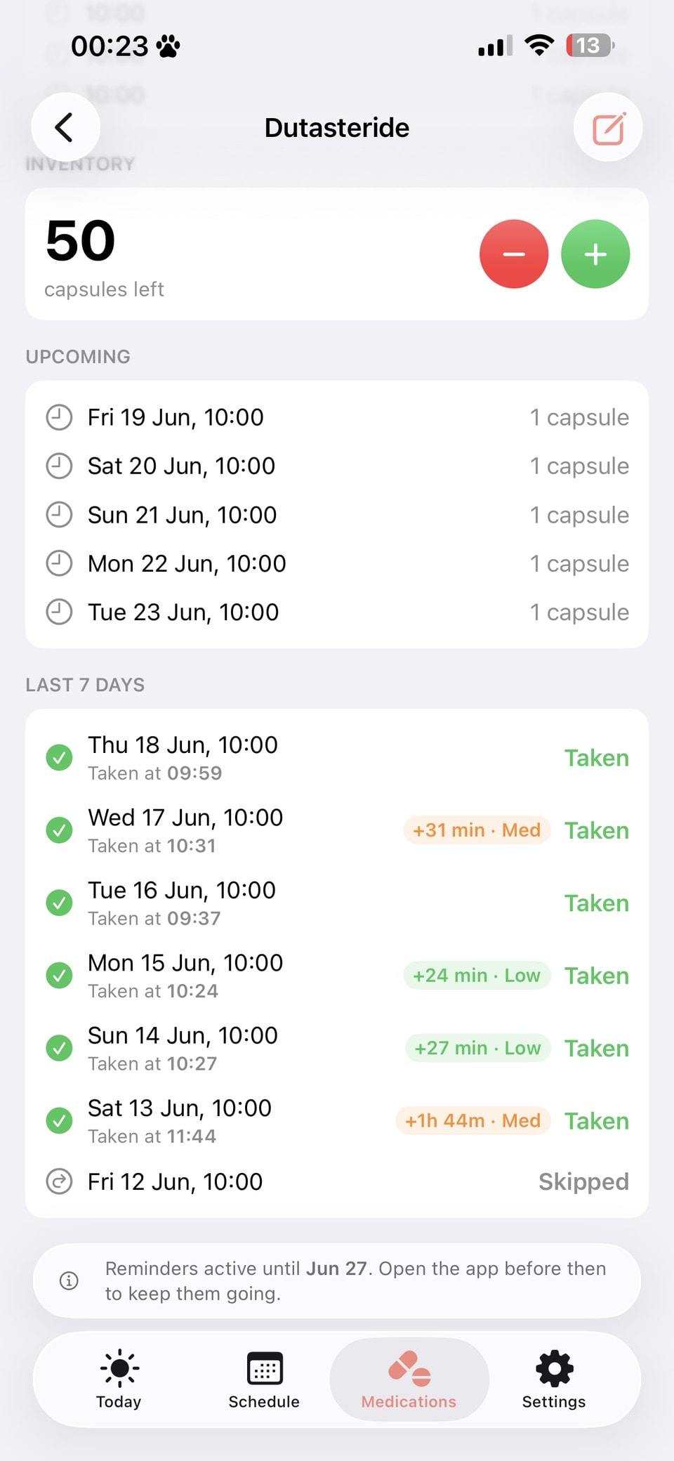Medication detail showing remaining capsules, upcoming doses and the last seven days of history.