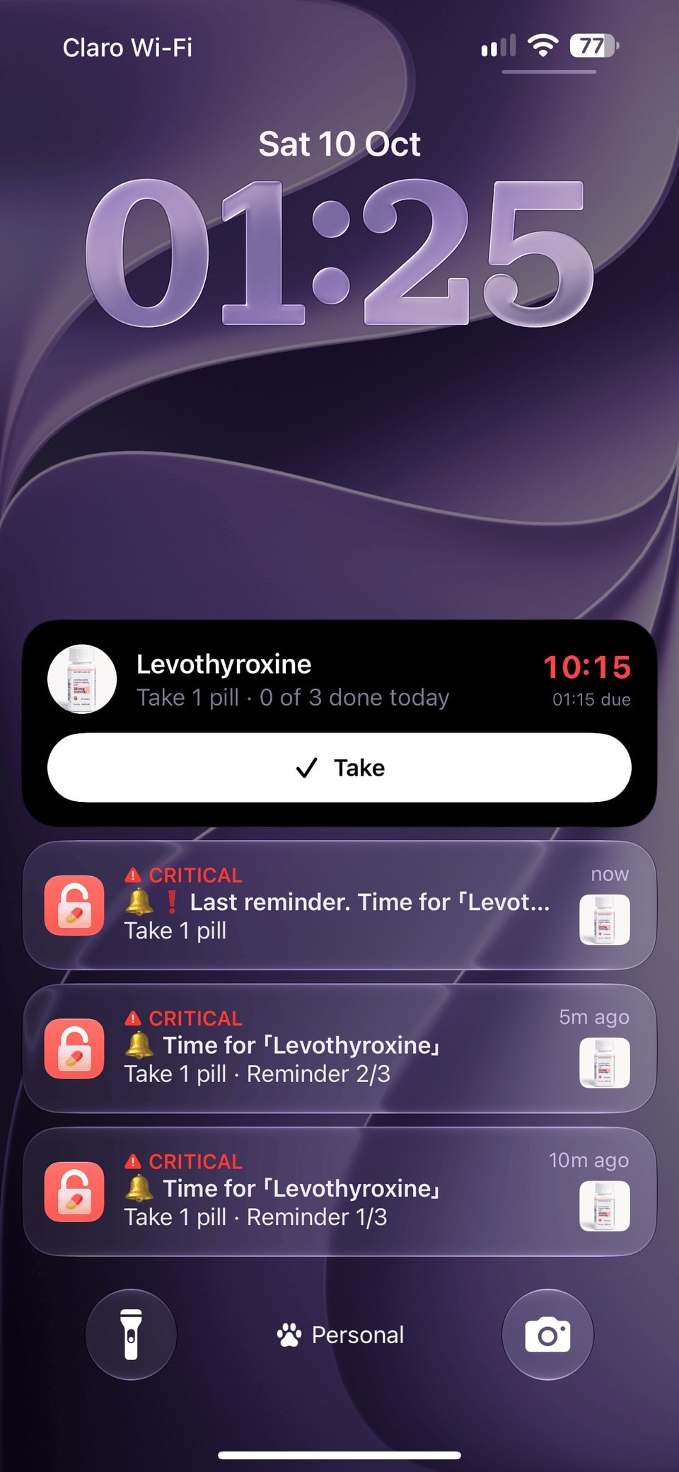 iPhone Lock Screen showing a Pill Lock Live Activity for Levothyroxine with a Take button, followed by three critical reminder notifications.