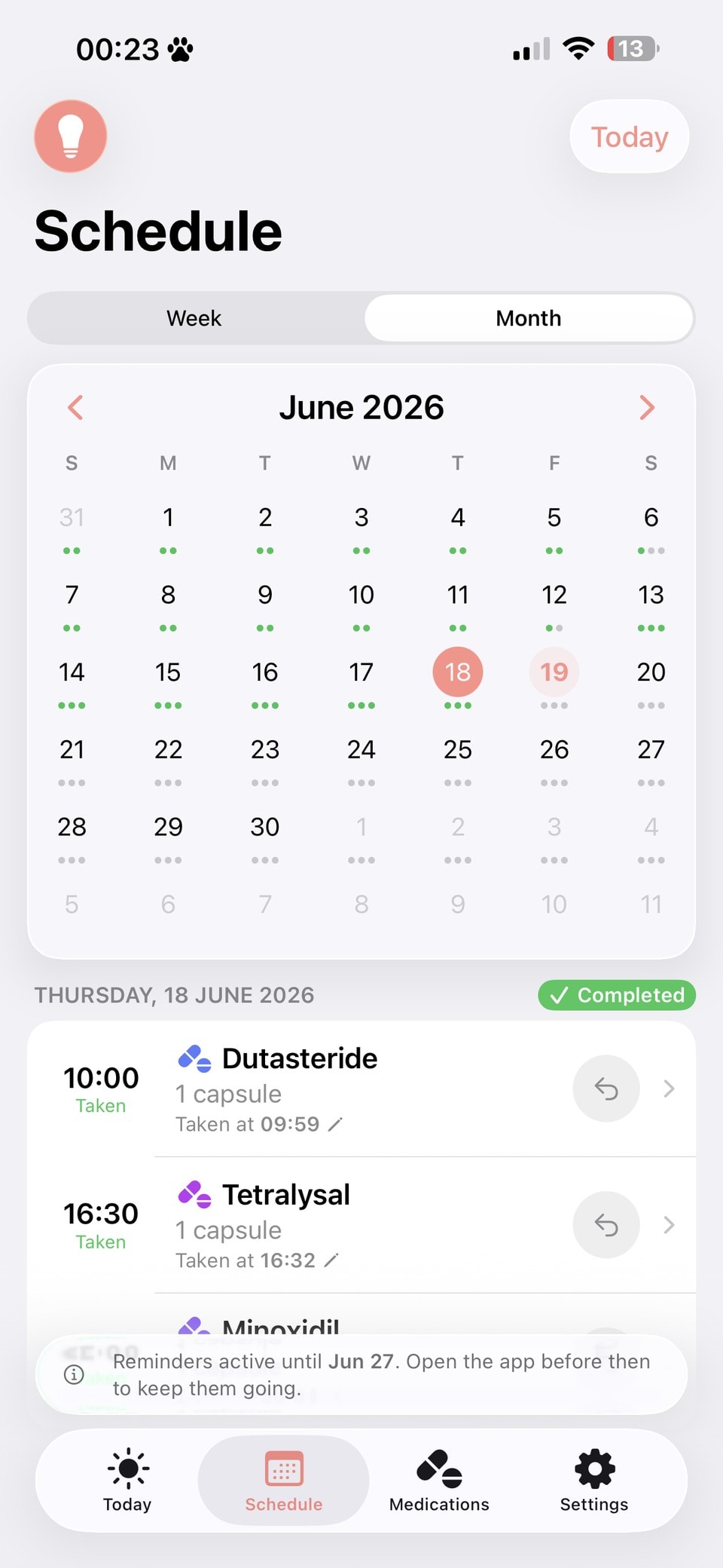 Pill Lock schedule tab with a monthly calendar and the day's doses marked as taken.